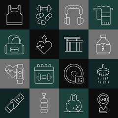 Set line Location gym, Shower, Sports nutrition, Headphones, Heartbeat increase, bag, Sleeveless t-shirt and Uneven bars icon. Vector