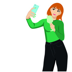 Red-haired girl with a phone in one hand and a glass in the other, flat vector, isolate on a white background, blogger, opinion leader, influential person
