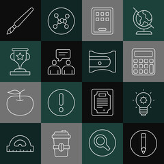 Set line Pencil, Light bulb, Calculator, Graphic tablet, Two sitting men talking, Award cup, Paint brush and sharpener icon. Vector
