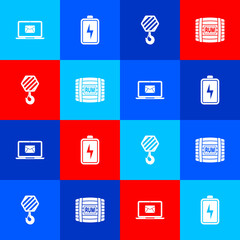 Set Laptop with envelope, Battery, Industrial hook and Wooden barrel rum icon. Vector