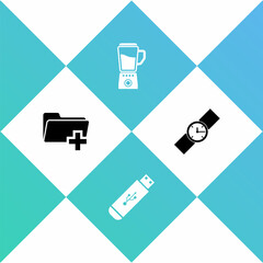 Set Add new folder, USB flash drive, Blender and Wrist watch icon. Vector