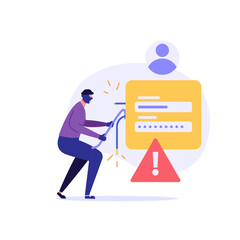 Concept of hacker attack, fraud investigation, internet phishing attack. Hacker hacking personal data. Internet theft stealing privacy login, account and password. Vector illustration in flat design