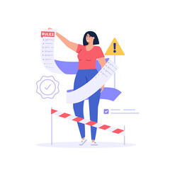 Concept of rules and regulations, company policy, corporate law and business ethics. Business woman demonstrating checklist of rules and regulation standards. Vector illustration in flat design