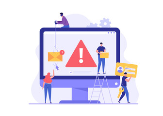 Concept of hacker attack, fraud investigation, internet phishing attack. Hacker team hacking computer. Internet theft stealing privacy data, account and password. Vector illustration in flat design