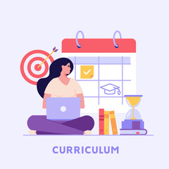 Concept of learning program, study plan, class schedule. Woman scheduling courses plan. Student girl organizing personal study plan in university. Vector illustration in flat design for web banner