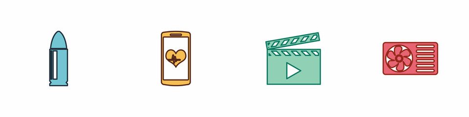 Set Bullet, Smartphone with heart rate, Movie clapper and Air conditioner icon. Vector