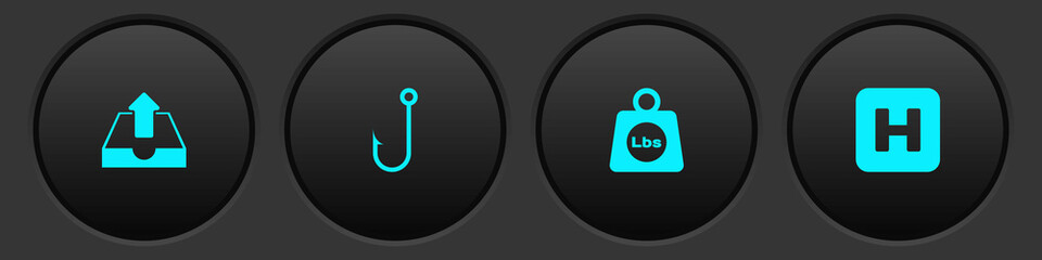 Fototapeta premium Set Upload inbox, Fishing hook, Weight pounds and Hospital icon. Vector