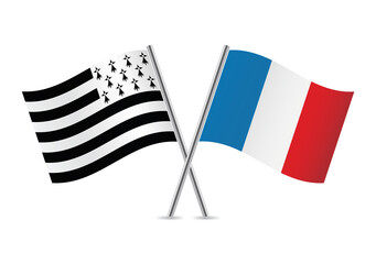 Brittany (Gwenn-ha-du) and France flags. Brittany and French crossed flags, isolated on a white background. Vector icon set. Vector illustration. - obrazy, fototapety, plakaty
