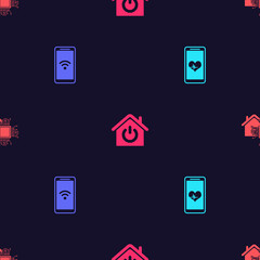 Set Mobile with heart rate, wi-fi wireless, Smart home and on seamless pattern. Vector