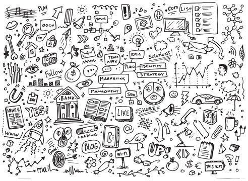Social media and business doodle hand drawn vector illustration