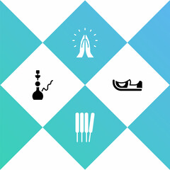 Set Hookah, Aroma sticks, incense, Hands praying position and Indian shoes icon. Vector