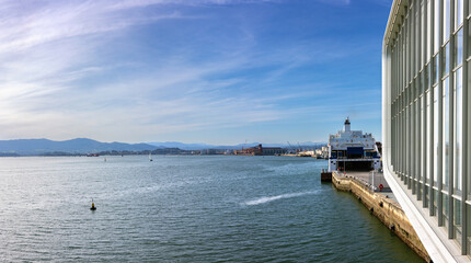 view of downtown city harbor seafront and Freight and passenger sea ferry bound for Britain....