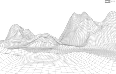 Wireframe landscape on white background. Abstract geometric vector technology background. 3d vector digital background.