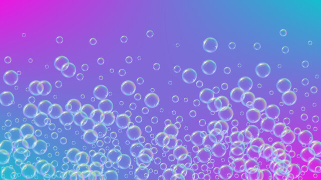 Soap foam. Detergent bath bubble and suds for bathtub. Shampoo. Aqua fizz and splash. Realistic water frame and border. 3d vector illustration design. Rainbow colorful liquid soap foam.