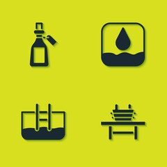 Set Essential oil bottle, Sauna bench with bucket, Swimming pool ladder and Water drop icon. Vector