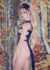 Naklejka premium A 3d digital render of an elf or fairy fantasy woman with purple hair with crown and strappy fantasy dress, standing in the autumn woods.