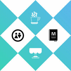 Set Toilet, Wooden table, Coffee cup and Restaurant cafe menu icon. Vector