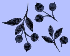 Christmas ornament with snow-covered berries. Hand-drawn watercolor blueberries and leaves on blue. Perfect for greeting cards, postcards, logo, textile, fabric, packaging, wrapping paper.