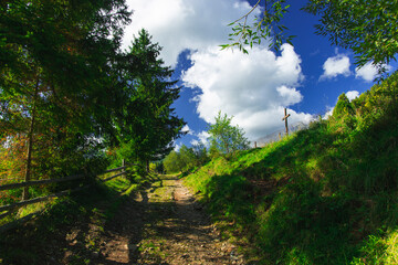 rural scenic landscape view of country side spring environment space in May month, greenery foliage and dirt ground road