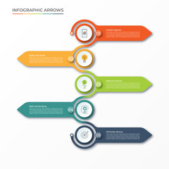 Minimal arrow infographic template with 5 step arrows and circles with place for text and icons. Can be used for diagram, graph, chart, report, web design. Vector illustration