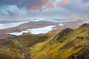 The Old Man of Storr drone view on Scotland’s Isle of Skye, Scotland