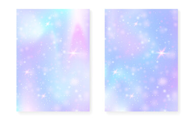 Rainbow background with kawaii princess gradient. Magic unicorn hologram.