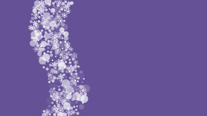 Snow frame with ultra violet snowflakes. New Year backdrop. Winter border for gift coupons, vouchers, ads, party events. Christmas trendy background. Holiday snowy banner with snow frame