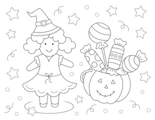 coloring page for kids of halloween girl and pumpkin full of candy.  you can print it on standard 8.5x11 inch paper
