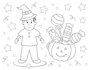 coloring page for kids of halloween pumpkin full of candy and cute boy. you can print it on standard 8.5 x 11 inch paper