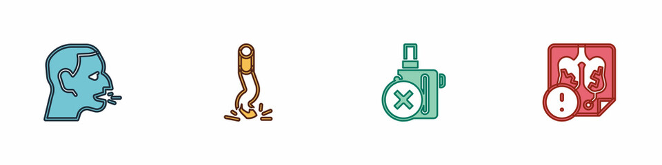 Set Man coughing, Cigarette butt, No electronic cigarette and Disease lungs icon. Vector