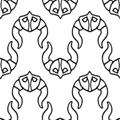 viking helmet pattern with horns. Seamless pattern of vintage Scandinavian-style helmet with horns, isolated black line, randomly applied often on white for design.