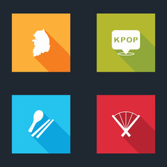 Set South Korea map, K-pop, Food chopsticks and Traditional fan icon. Vector
