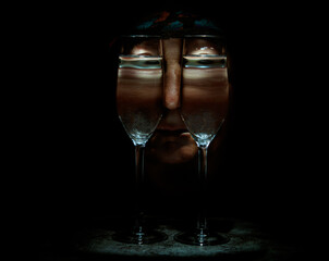 Surrealistic illustration in the style of Salvador Dali with the faces of a woman looking through glasses of water.