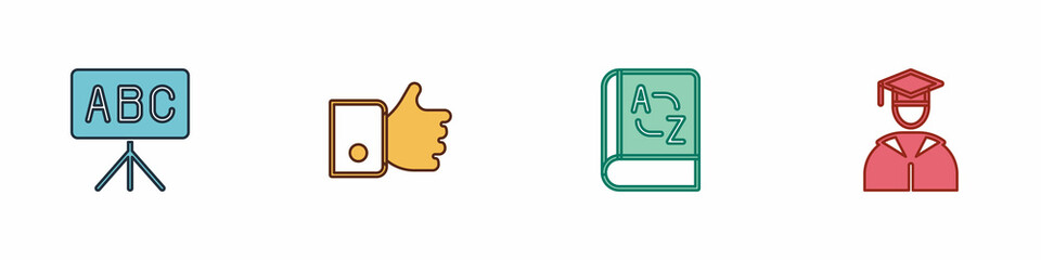 Set Chalkboard, Hand like, Translator book and Graduate graduation cap icon. Vector