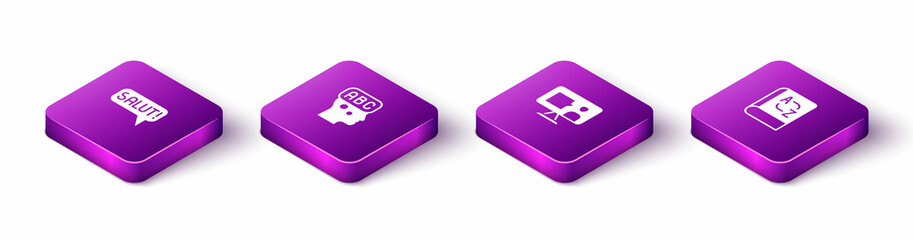 Set Isometric Salut in different languages, Learning foreign, Foreign online study and Translator book icon. Vector