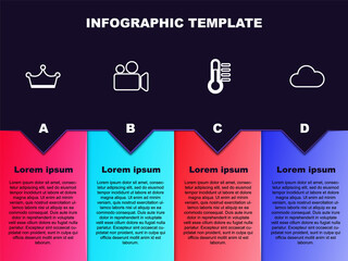 Fototapeta premium Set line Crown, Movie or Video camera, Thermometer and Cloud. Business infographic template. Vector