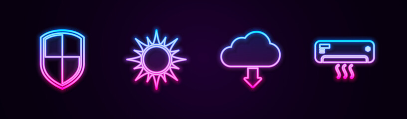 Set line Shield, Sun, Cloud download and Air conditioner. Glowing neon icon. Vector