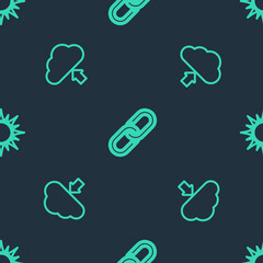 Set line Chain link, Cloud upload and Sun on seamless pattern. Vector