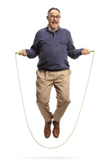Mature man in casual clothes skipping a rope