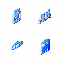 Set Isometric line Veterinary clinic, Cat medicine bottle, and pills and Clinical record pet icon. Vector