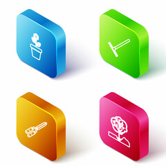 Set Isometric line Flower in pot, Garden rake, Gardening handmade scissor and Planting tree the ground icon. Vector