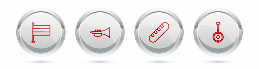 Set line National Germany flag, Musical instrument trumpet, French baguette bread and Banjo. Silver circle button. Vector