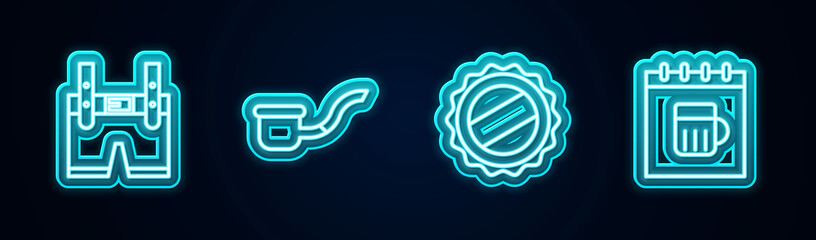 Fototapeta premium Set line Lederhosen, Smoking pipe, Bottle cap and Saint Patricks day calendar. Glowing neon icon. Vector