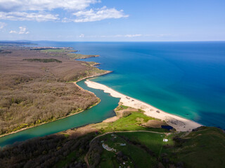 Aerial view of beach at the mouth of the Veleka River, Bulgaria