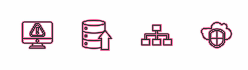 Set line Monitor with exclamation mark, Hierarchy organogram chart, Server, Data, Web Hosting and Cloud and shield icon. Vector