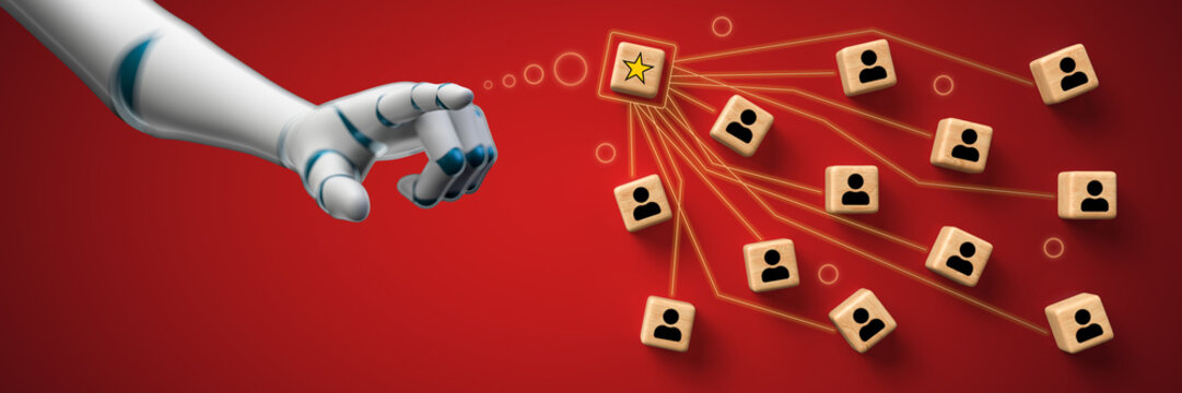 robot arm pointing at cube with star symbol surrounded by many others with person symbols on red background