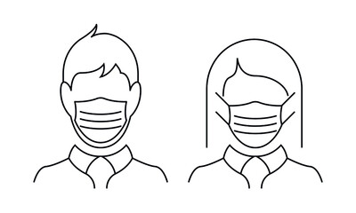 Man and woman with face protection mask against covid-19. Vector icon of people wearing protective mask against covid-19, symbol of protection.Vector illustration isolated on a white background