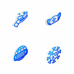 Set Isometric line Medical protective mask, Washing hands with soap, Earth medical and Virus icon. Vector