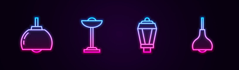 Set line Chandelier, Floor lamp, Garden light and Lamp hanging. Glowing neon icon. Vector