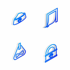 Set Isometric line Door for pet, Pet food bowl, Dog collar and Canned icon. Vector